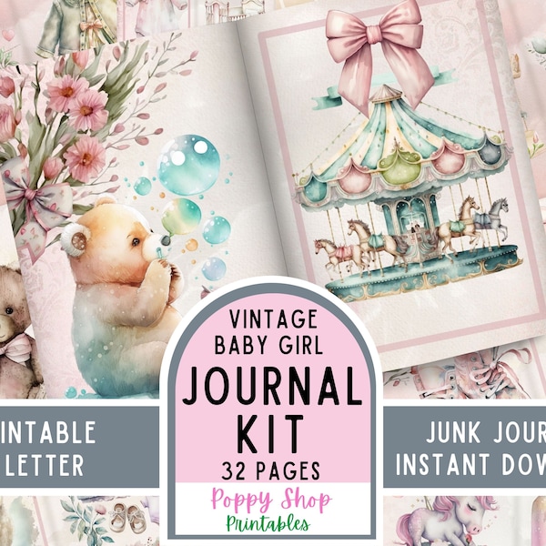 Junk Journal Kit, Baby Mädchen, bedruckbar, Rosa, Boho, Babybuch, Baby Journal, Vintage Baby Mädchen, Scrapbook, Baby Andenken, Instant Download