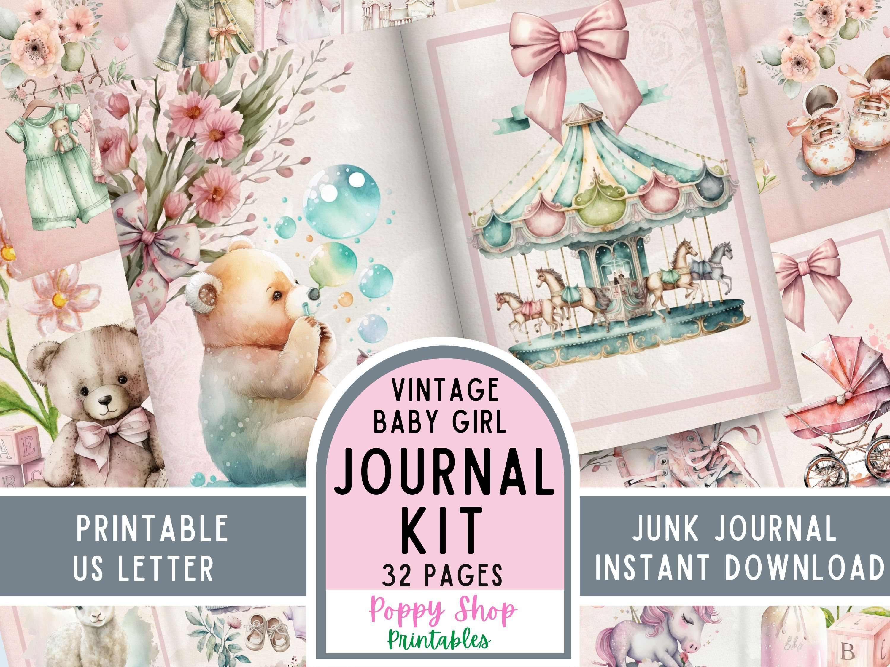 Junk Journal Kit, Baby Girl, Printable, Pink, Boho, Baby Book, Baby Journal, Vintage Baby Girl ...