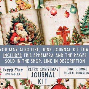 Op de afbeelding: Een verzameling kerst-ephemera en journaalpagina's in vintage-stijl. De afbeelding toont illustraties van de kerstman, kerstbomen en feestelijke decoraties. De tekst op de afbeelding luidt "Retro Christmas Journal Kit" en "Junk Journal Digital Download."
