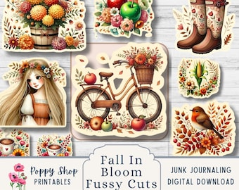 Fall Floral Fussy Cuts, Cottagecore Junk Journal Ephemera, Scrapbooking Embellishment