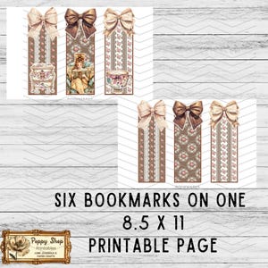 May include: Printable page with six bookmarks featuring a brown and white floral pattern with lace trim. Each bookmark has a different design, including a teacup, a woman reading a book, and a floral pattern. The page is 8.5 inches by 11 inches.