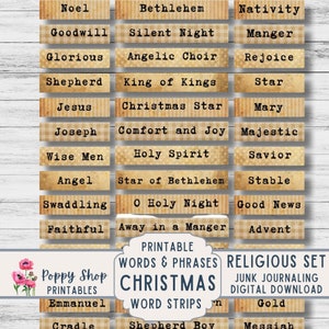 Op de afbeelding: Printbare woordstroken met een kerstthema. De stroken zijn beige met bruine strepen en bevatten woorden en zinnen die gerelateerd zijn aan de feestdagen, zoals "Noël", "Bethlehem", "Geboorte", "Goede wil", "Stille Nacht", "Kribbe", "Glorieus", "Engelenkoor", "Verheug je", "Herder", "Koning der koningen", "Ster", "Jezus", "Kerstster", "Maria", "Jozef", "Trost en vreugde", "Majestueus", "Wijsmannen", "Heilige Geest", "Redder", "Engel", "Ster van Bethlehem", "Stal", "Inwikkelen", "O heilige nacht", "Goed nieuws", "Getrouw", "Ver weg in een kribbe", "Advent", "Immanuel", "Wieg", "Herderjongen", "Messias", en "Goud".