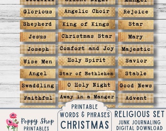 Christmas Faith Word Strips and Phrases, Christian, Nativity, Junk Journal Word Labels, Journal Embellishment, Printable, Ephemera, Download