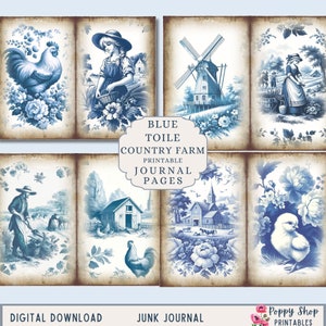 Blue Toile Junk Journal, Chicken, Digital Paper, County French, Farm, Digital Journal Pages, Printable, Paper Craft, Ephemera, Collage Sheet