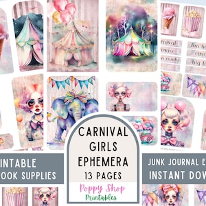 Whimsical Carnaval Girls Ephemera, Circus Ephemera, Junk Journal Ephemera, Vintage, Clowns, Printable, Scrapbook, ATC Card, Digital Download