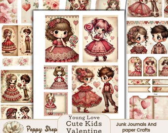 May include: A selection of Valentine's Day-themed printable ephemera. The designs feature illustrations of young children in romantic settings, with hearts, roses, and decorative elements. The text reads "Young Love Cute Kids Valentine Ephemera Printable".