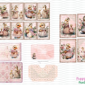 May include: Printable digital paper with a pink and white background featuring illustrations of ducks with flowers. The paper is designed for use in crafts and scrapbooking.