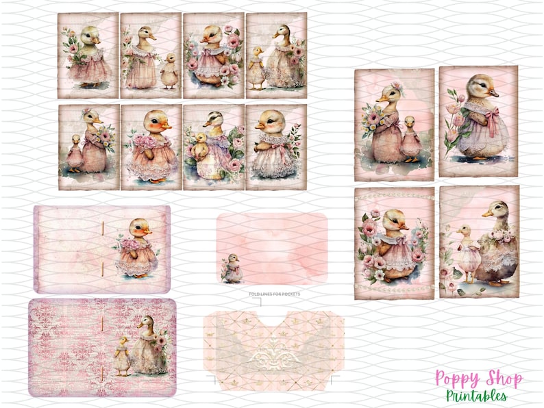 May include: Printable digital paper with a pink and white background featuring illustrations of ducks with flowers. The paper is designed for use in crafts and scrapbooking.