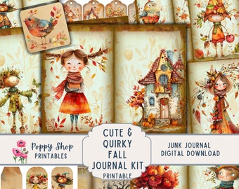 May include: A digital printable junk journal kit with a fall theme. The kit includes images of a girl with red hair, a scarecrow, a bird, a house, and a tree with red leaves. The text "Cute & Quirky Fall Journal Kit Printable" is on the image.