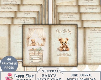 Baby's First Year, Junk Journal Kit, Baby Journal, Neutral, Gift Idea, Baby Girl, Baby Boy, Journal Pages, Ephemera, Printable, Download