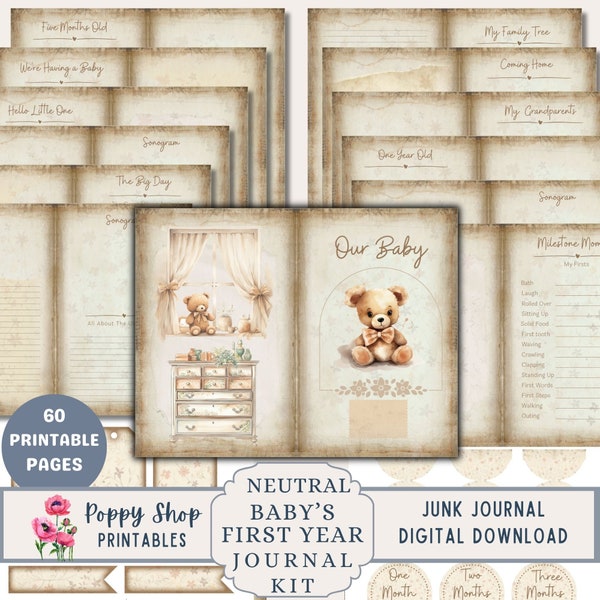 Baby's First Year, Junk Journal Kit, Baby Journal, Neutral, Gift Idea, Baby Girl, Baby Boy, Journal Pages, Ephemera, Printable, Download