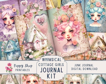 May include: A digital download kit for junk journals featuring whimsical cottage girls, houses, and flowers. The kit includes a variety of images in pink, blue, and green tones. The text "Whimsical Cottage Girls Journal Kit" is displayed on the front of the kit.