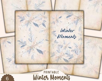 Winter Lined Junk Journal Pages Kit, Snowflake Journaling Paper, Writing Inserts, Printable Paper