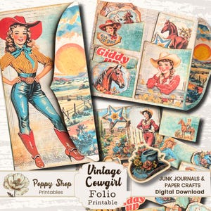 Puede incluir: Un paquete de imágenes digitales imprimibles con temática de vaquera vintage. El paquete incluye una vaquera con un sombrero rojo y pantalones vaqueros azules, un caballo, una estrella y un sombrero con flores. El paquete es perfecto para diarios de chatarra, manualidades de papel y descargas digitales.