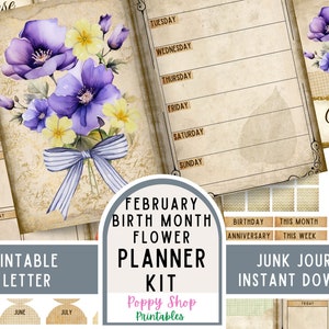 Kit de diario basura del planificador, febrero, flor, vintage, violeta, prímula, imprimible, semanal, calendario, página del planificador, inserción del planificador, efímera