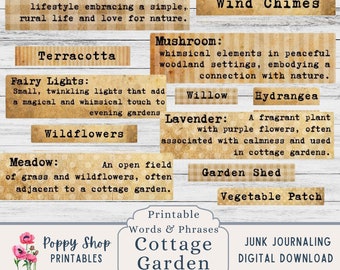 Words and Definitions, Cottage Garden, Printable Words. Junk Journal Word Label, Junk Journal Embellishment, Printable, Ephemera, Download.
