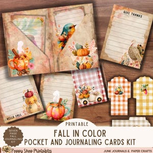 May include: A collection of printable fall-themed pocket and journaling cards. The cards feature watercolor illustrations of pumpkins, teapots, birds, and fall foliage. Some cards have the text "Hello Fall" and "Give Thanks".