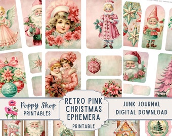 Rosa Weihnachten Ephemera, Rosa, Retro Weihnachten, Vintage Weihnachten, Junk Journal Kit, Printable, Santa, Engel, Mädchen, Anhänger, Scrapbook, Herunterladen