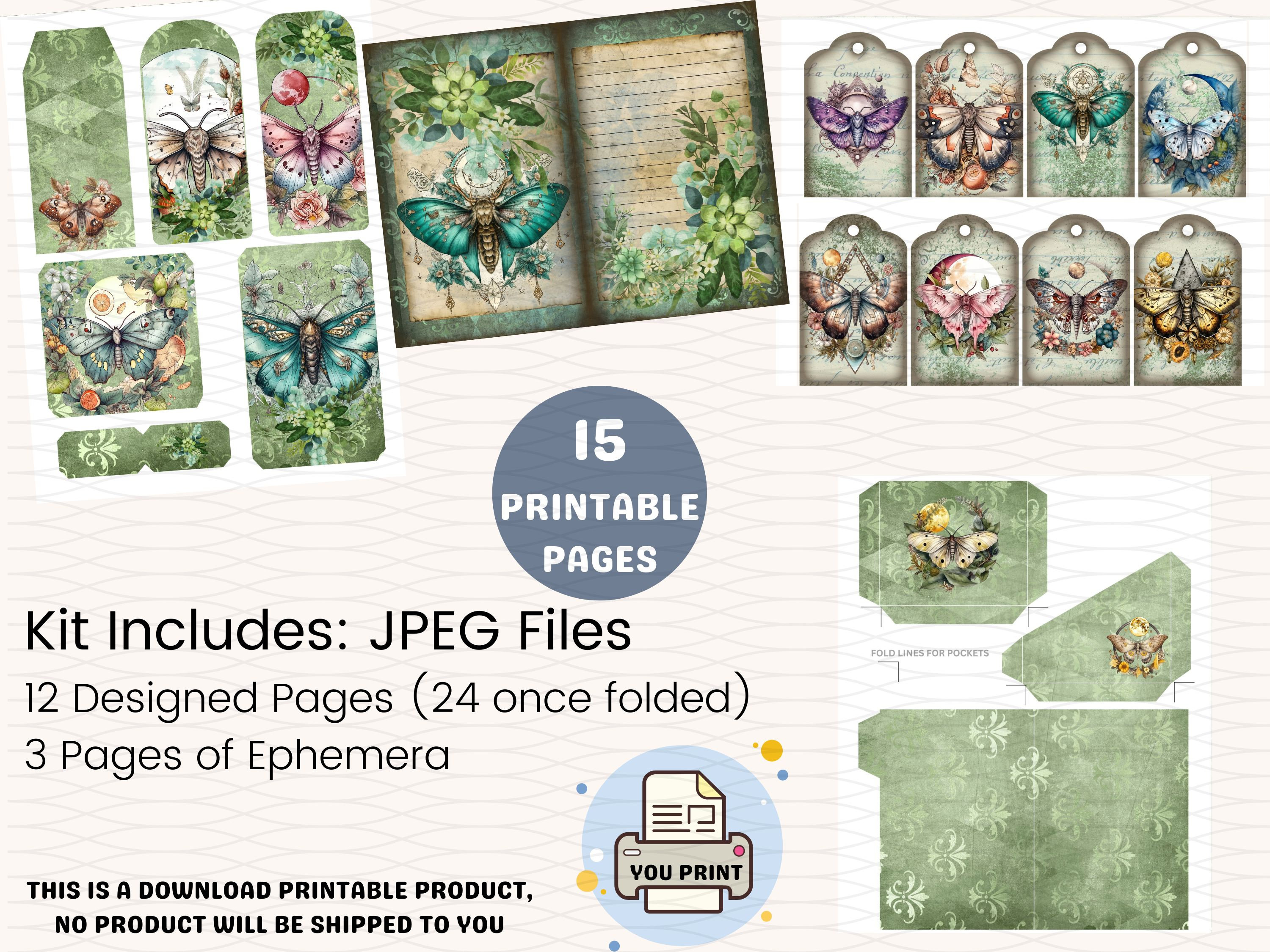 Moth Journal Moth Junk Journal Kit, Vintage, Mystical, Moth, Journal Pages, Junk ...
