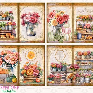 May include: A collage of watercolor illustrations featuring fall floral arrangements. The images showcase bouquets of chrysanthemums in various containers, including mason jars and wooden crates, alongside pumpkins and gourds. The text "Bloom and Grow" is also visible.