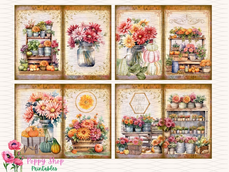May include: A collage of watercolor illustrations featuring fall floral arrangements. The images showcase bouquets of chrysanthemums in various containers, including mason jars and wooden crates, alongside pumpkins and gourds. The text "Bloom and Grow" is also visible.