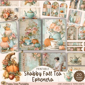 May include: A collection of printable "Shabby Fall Tea Ephemera" featuring vintage-style illustrations. The designs include pumpkins, teacups, teapots, and floral arrangements in soft pastel colors. The text "Shabby Fall Tea Ephemera" is visible.