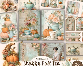 Shabby Chic Fall Ephemera Kit, Vintage Tea Party, Autumn Florals & Pumpkins, Thanksgiving Junk Journal Fussy Cuts, Victorian Tea and Women