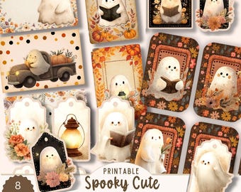 Boho Ghost Tags and Ephemera Set, Spooky Cute Junk Journal Fussy Cuts, Halloween Scrapbook Pack,   Ghost Journaling Card, Halloween Digital