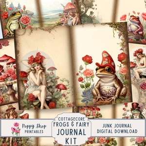 Pages de journal indésirable fée et grenouille, vintage, Cottage, Saint-Valentin, grenouille, fée, champignon, pages de journal, journal indésirable, téléchargement immédiat