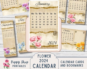 Cartes de calendrier 2024, fleur du mois de naissance, calendrier mensuel, signet, imprimable. Neutre, Junk Journal, Planner Inserts, Ephemera, Numérique