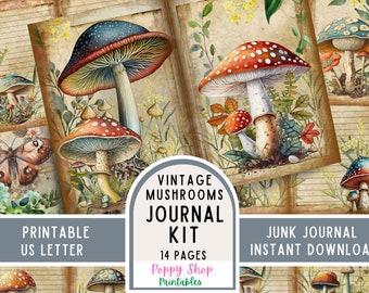 Mushroom Junk Journal Pages and Ephemera Kit, Vintage Nature Papers, Printable Scrapbook, Digital Download