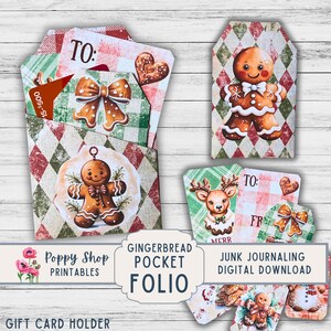 Étiquette de poche de Noël, biscuit de pain d'épice, porte-cartes cadeau, pochette pour étiquettes de poche, rétro, minable, carte, folio, éphémère, imprimable, téléchargement