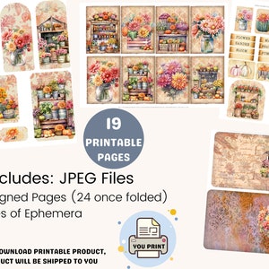 May include: A digital download kit featuring 19 printable pages with vintage-style floral and autumn-themed designs. Includes tags, cards, and decorative elements with watercolor illustrations of flowers, pumpkins, and market scenes. The text on the image says "19 Printable Pages".