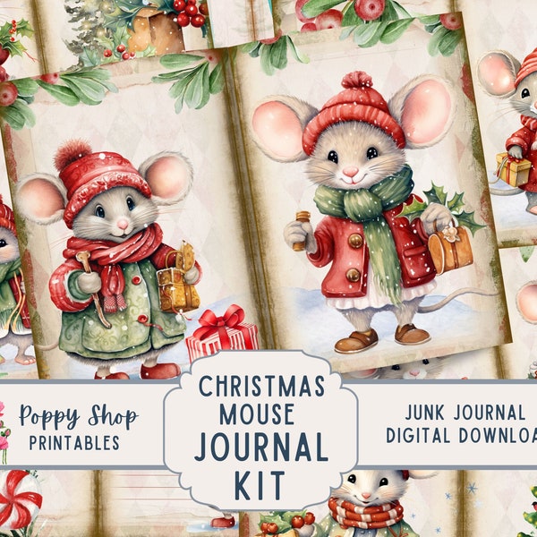 Christmas Mouse Junk Journal Kit, Christmas Junk Journal. Vintage, Mouse, Journal Pages, Christmas Ephemera, Printable, Scrapbook, Download