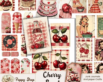 Cherry Ephemera, Vintage Cherries, Retro Junk Journal, Ephemera, Cherry Junk Journal, Ephemera, Printable, Junk Journal Kit, Scrapbook