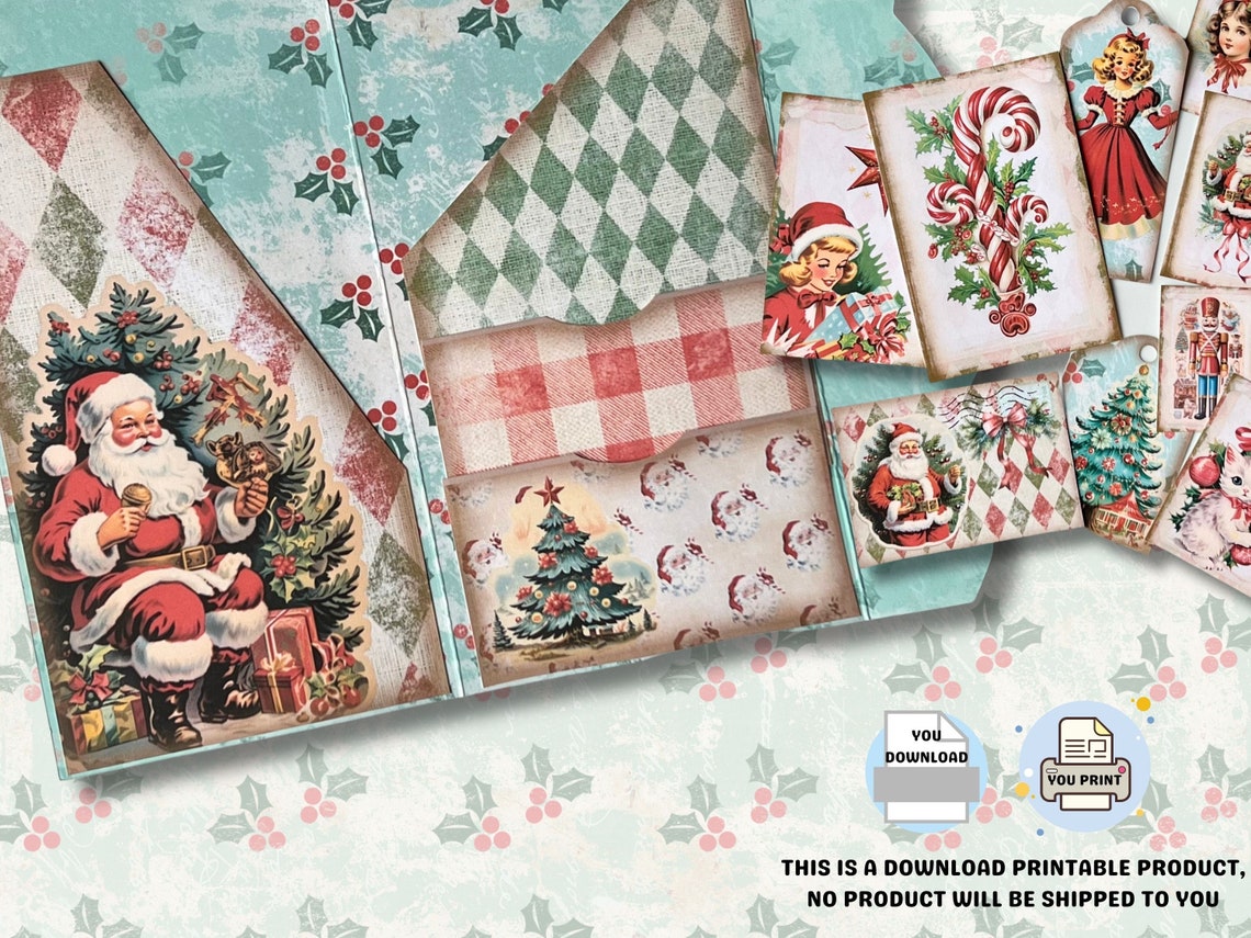 Retro Christmas Junk Journal Printable Folio, Folding Pocket Folder ...