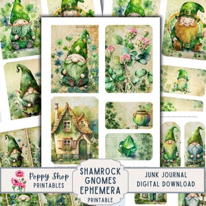 May include: Printable digital paper pack featuring watercolor illustrations of gnomes, shamrocks, houses, and other St. Patrick's Day themed elements.  The text "Shamrock Gnomes Ephemera Printable" is included in the image.