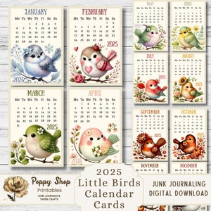 2025 Kalenderkarten, 2025, Vögel, Monatskalender, Druckbarer Kalender,Vögel, Kalender PDF, Druckbarer Monatskalender, Ephemera, Digital