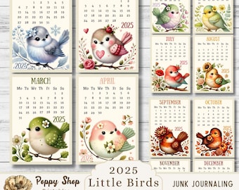 2025 Calendar Cards, 2025, Birds, Monthly Calendar, Printable Calendar,Birds, Calendar PDF, Printable Monthly Calendar, Ephemera, Digital