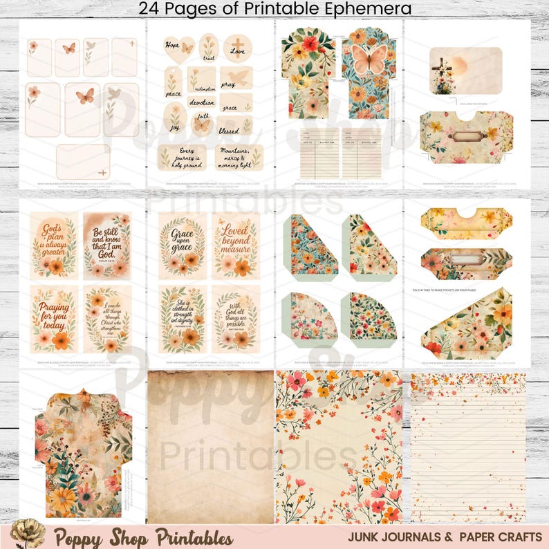 May include: A collection of 24 pages of printable ephemera for junk journals and paper crafts. The pages feature floral designs, butterflies, and inspirational quotes. Includes tags, envelopes, and lined paper in soft, muted colors.