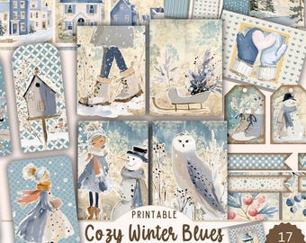 Cozy Winter Blues Junk Journal Ephemera Kit, Girls Snowmen Cottages and Nature, Printable Download