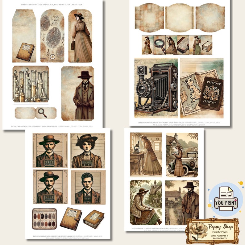 May include: A digital printable set of vintage-style images featuring a detective theme. The images include a passport, a camera, a magnifying glass, a microscope, a woman in a hat, a man in a hat, and a mugshot. The images are in shades of brown, beige, and white.