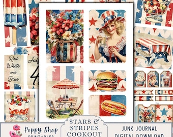 Patriotic Ephemera Junk Journal Kit, July 4th Printable, Retro Vintage America, Scrapbook Embellishments
