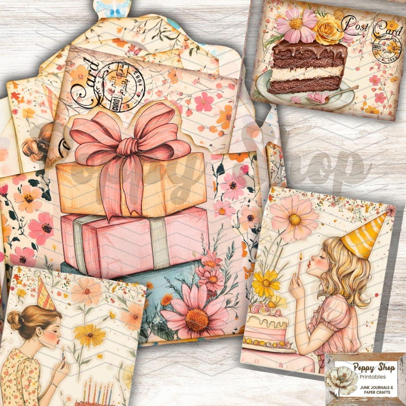 May include: A digital collage sheet with a birthday theme. The sheet includes images of presents, flowers, a cake, and a girl with a birthday hat. The text "Peppy Shop Printables Junk Journals & Paper Crafts" is in the bottom right corner.