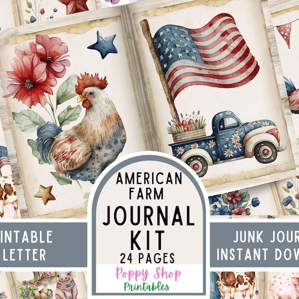 Farm Junk Journal, Patriotic America, Junk Journal Kit, Drapeau américain, 4 juillet, Ferme, Vache, Poulet, Imprimable, Pages de journal, Télécharger