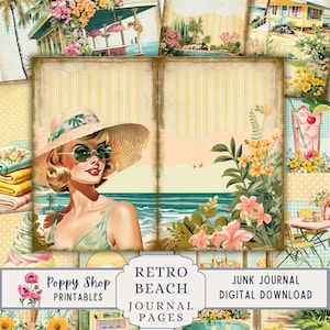 Diario de playa, retro, verano, cabaña de playa, kit de diario, imprimible, papel, efímera, collage, páginas de diario, manualidades de papel
