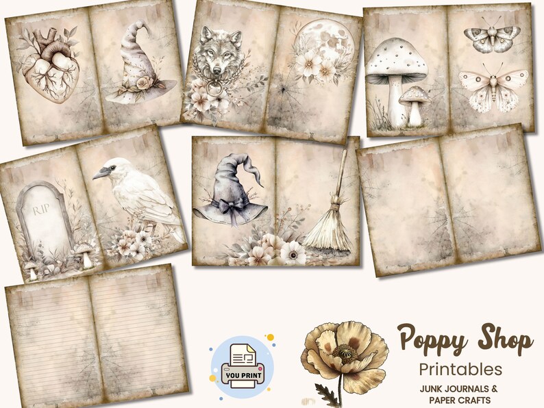 Peut inclure: Un ensemble de papiers num&eacute;riques imprimables pr&eacute;sentant une vari&eacute;t&eacute; d'illustrations fantastiques et effrayantes, notamment un chapeau de sorci&egrave;re, un corbeau, un loup, une lune, des champignons, des papillons et un balai. Les papiers sont con&ccedil;us pour &ecirc;tre utilis&eacute;s dans les carnets de rebut et les travaux manuels en papier.