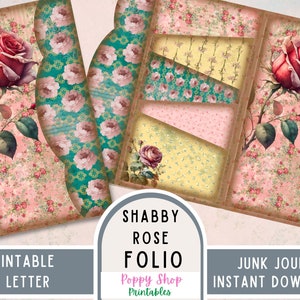 Shabby Rose Junk Journal Fólio para impressão, pasta de bolso dobrável, fólio, vintage, rosa, diário efêmero, artesanato, para impressão, download digital