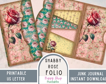 Shabby Rose Junk Journal Printable Folio, Folding Pocket Folder, Folio, Vintage, Rose, Journal Ephemera, Craft, Printable, Digital Download
