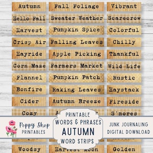 Fall and Autumn Word Strips and Phrases, Junk Journal Word Labels, Journal Embellishments, Printable, Ephemera, Embellishments, Download.